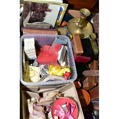 545 - A BOX OF COLLECTABLES, including cast iron fire plaque, miscellaneous trade and cigarette cards, a c... 