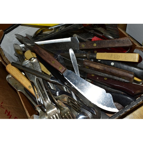 548 - AN EMPTY WOODEN CUTLERY BOX AND A BOX OF LOOSE CUTLERY, including assorted kitchen, utensils knives ... 