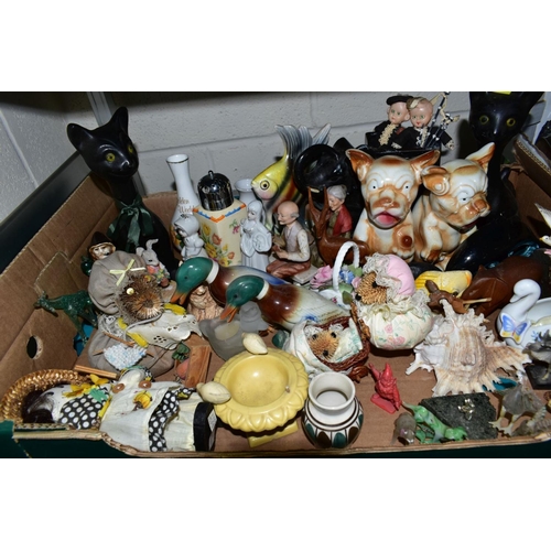 555 - FOUR BOXES AND LOOSE CERAMICS, ETC, including a Barbola style mirror of cheval form, assorted mantel... 