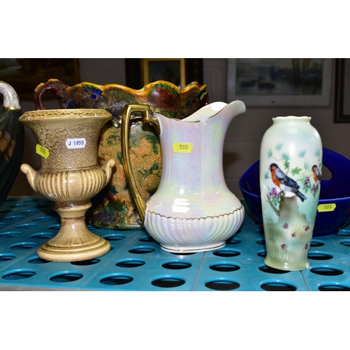 555 - FOUR BOXES AND LOOSE CERAMICS, ETC, including a Barbola style mirror of cheval form, assorted mantel... 