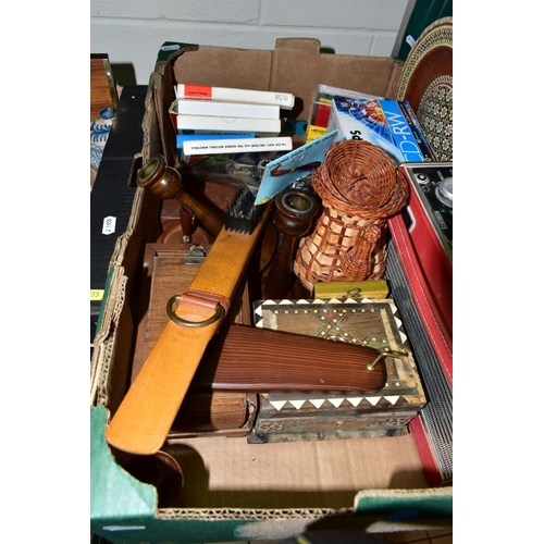 555 - FOUR BOXES AND LOOSE CERAMICS, ETC, including a Barbola style mirror of cheval form, assorted mantel... 