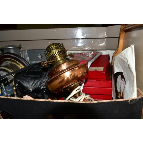 557 - A BOX AND A QUANTITY OF LOOSE METALWARES, TABLE LAMPS, OIL LAMP, MODEL GALLEON ETC, including a brow... 