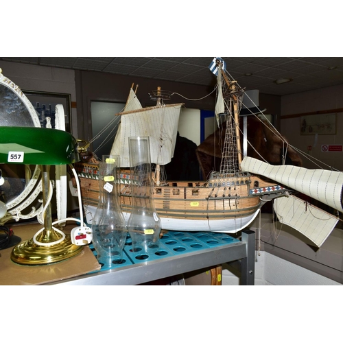 557 - A BOX AND A QUANTITY OF LOOSE METALWARES, TABLE LAMPS, OIL LAMP, MODEL GALLEON ETC, including a brow... 