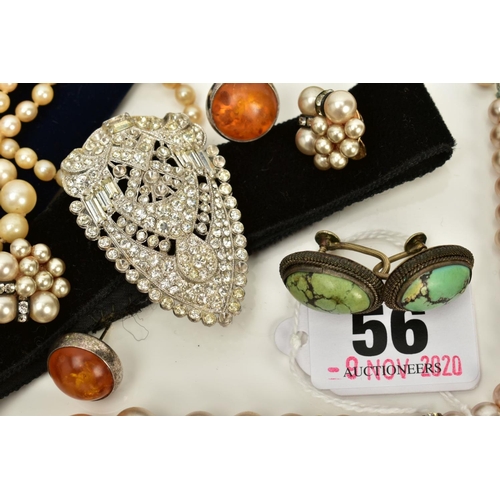 56 - A SMALL QUANTITY OF JEWELLERY, to include a graduated double strand cultured pearl necklace, fitted ... 