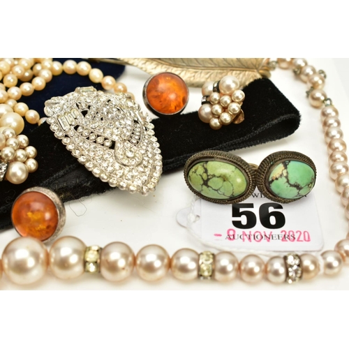 56 - A SMALL QUANTITY OF JEWELLERY, to include a graduated double strand cultured pearl necklace, fitted ... 