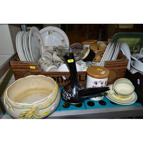 563 - FOUR BOXES AND LOOSE CERAMICS AND GLASSWARE, including a stoneware flagon, Midwinter Crocus pattern ... 