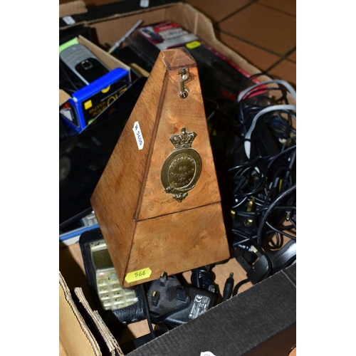 566 - TWO BOXES OF GLASSWARE, CERAMICS, TECHNOLOGY AND A MAELZEL (LONDON) WALNUT CASED METRONOME, to inclu... 