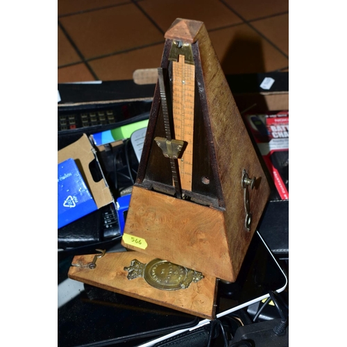 566 - TWO BOXES OF GLASSWARE, CERAMICS, TECHNOLOGY AND A MAELZEL (LONDON) WALNUT CASED METRONOME, to inclu... 