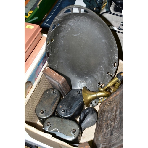 569 - AN ORVITT PEWTER TRAY, No. 2842, oval with floral design, a bus conductors leather cash bag, stamped... 