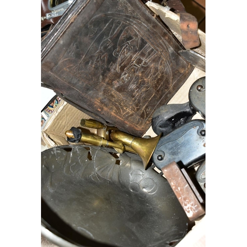 569 - AN ORVITT PEWTER TRAY, No. 2842, oval with floral design, a bus conductors leather cash bag, stamped... 