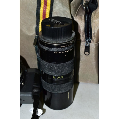 570 - A BAG OF CAMERA EQUIPMENT, including a Pentax P30T with SMC Pentax-A 1:2 50mm lens, a Tamron for Pen... 