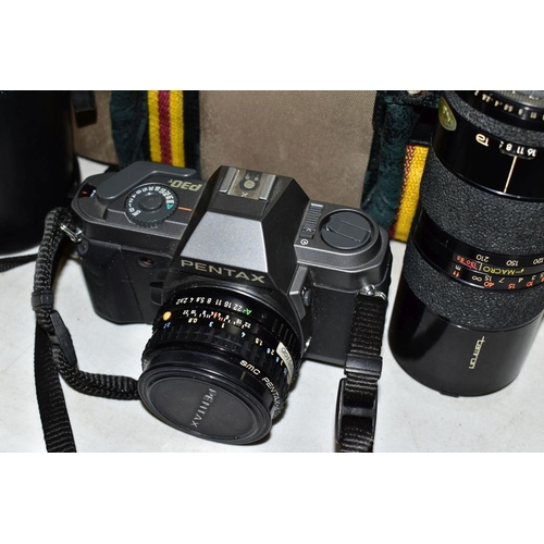 570 - A BAG OF CAMERA EQUIPMENT, including a Pentax P30T with SMC Pentax-A 1:2 50mm lens, a Tamron for Pen... 