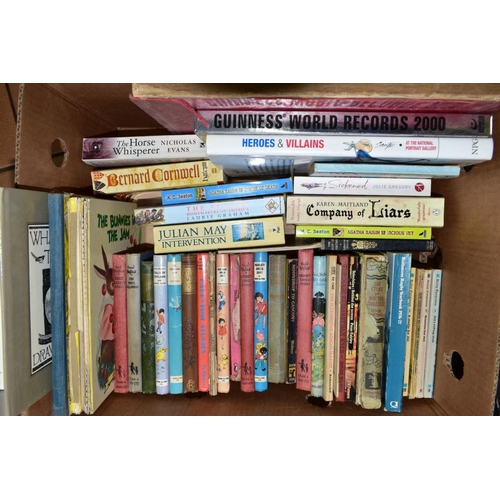 576 - FIVE BOXES OF BOOKS, including Children's stories, Enid Blyton, Rupert, Penguin, Scores (Bach, Beeth... 