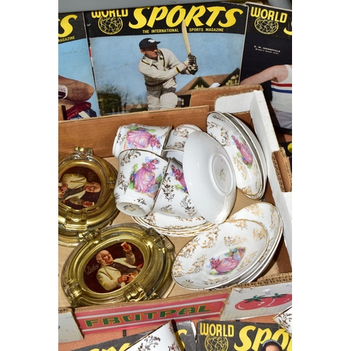 577 - A BOX OF CERAMICS, ETC, comprising World Sports magazines from 1948-1950, incomplete run, five glass... 