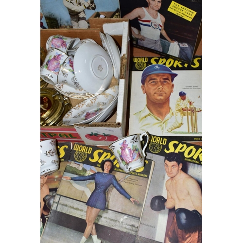 577 - A BOX OF CERAMICS, ETC, comprising World Sports magazines from 1948-1950, incomplete run, five glass... 