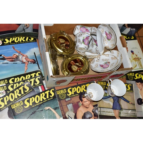 577 - A BOX OF CERAMICS, ETC, comprising World Sports magazines from 1948-1950, incomplete run, five glass... 