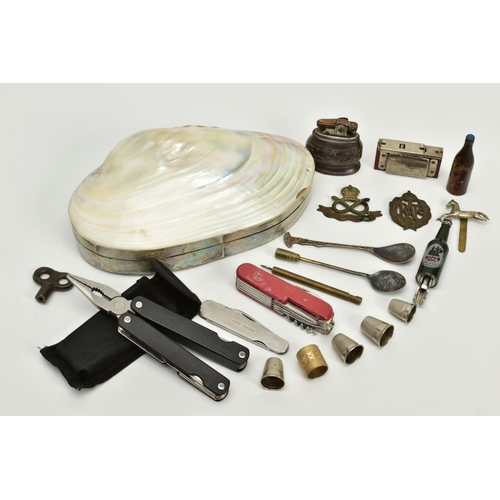 58 - A SELECTION OF MISCELLANEOUS ITEMS, to include a mother of pearl shell jewellery box and contents su... 