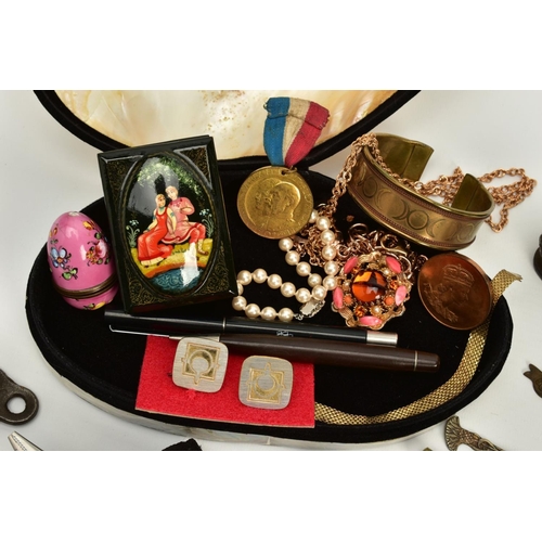 58 - A SELECTION OF MISCELLANEOUS ITEMS, to include a mother of pearl shell jewellery box and contents su... 