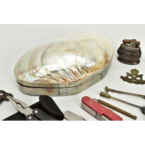 58 - A SELECTION OF MISCELLANEOUS ITEMS, to include a mother of pearl shell jewellery box and contents su... 