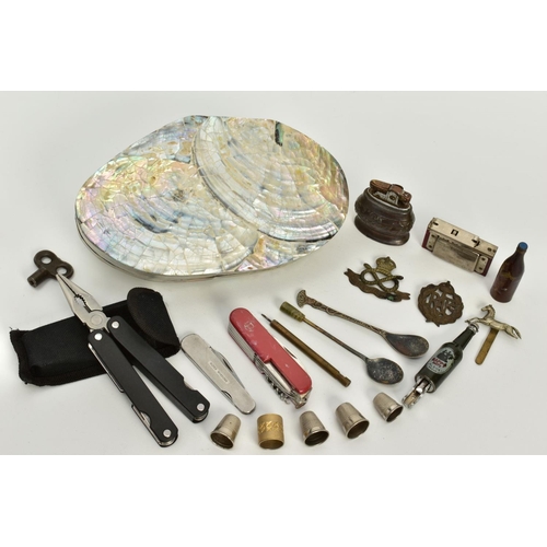 58 - A SELECTION OF MISCELLANEOUS ITEMS, to include a mother of pearl shell jewellery box and contents su... 