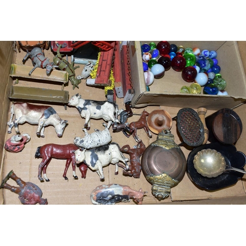 584 - A QUANTITY OF ASSORTED TOYS AND METALWARE, to include Charbens Donkey carts, another donkey cart, Br... 