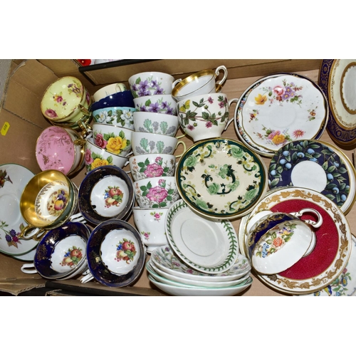 608 - THREE BOXES OF TEA CUPS, some having saucers, including Minton, Masons, Royal Doulton, Royal Cauldon... 