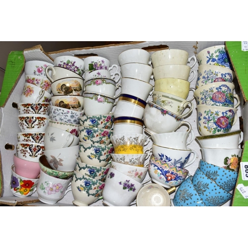 608 - THREE BOXES OF TEA CUPS, some having saucers, including Minton, Masons, Royal Doulton, Royal Cauldon... 