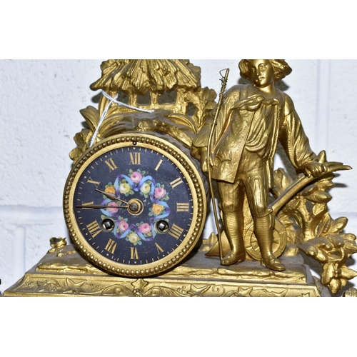 612 - A LATE 19TH CENTURY BRASS MANTEL CLOCK OF ORNATE DESIGN, enamelled Roman numerals, eight day movemen... 