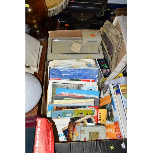 622 - THREE BOXES AND LOOSE METALWARES, EPHEMERA, etc, including a vintage Rolo typewriter, an Art Deco on... 