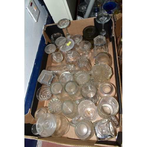 626 - EIGHT BOXES OF ASSORTED GLASSWARE to include recycled glass rummers, dessert dishes, wine glasses, w... 