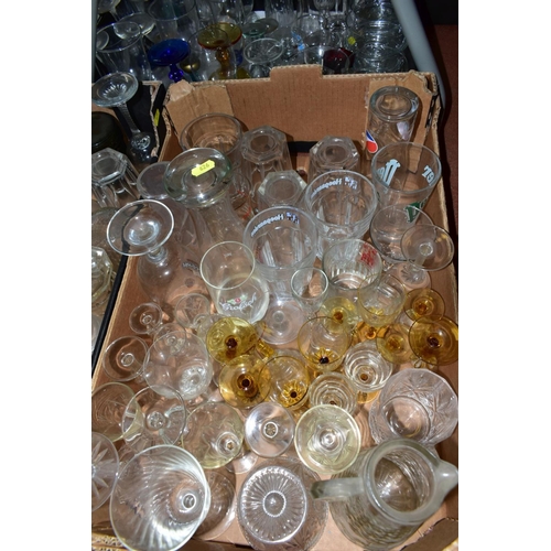 626 - EIGHT BOXES OF ASSORTED GLASSWARE to include recycled glass rummers, dessert dishes, wine glasses, w... 