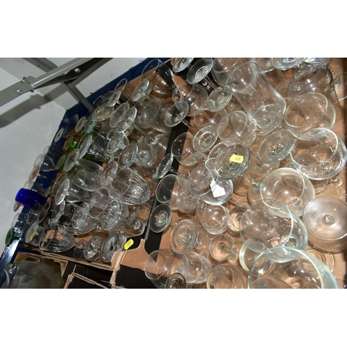 626 - EIGHT BOXES OF ASSORTED GLASSWARE to include recycled glass rummers, dessert dishes, wine glasses, w... 