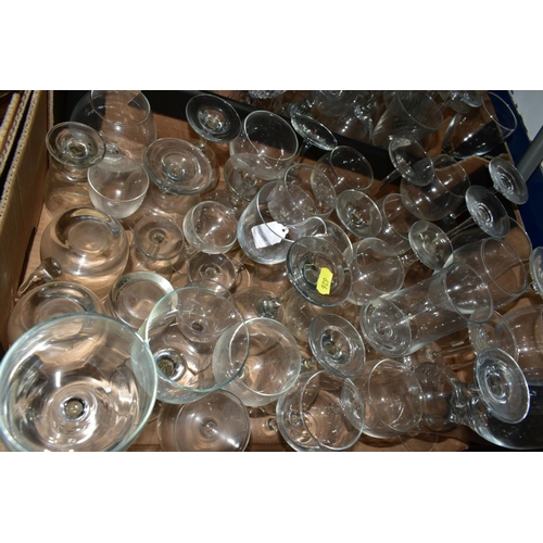 626 - EIGHT BOXES OF ASSORTED GLASSWARE to include recycled glass rummers, dessert dishes, wine glasses, w... 