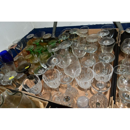 626 - EIGHT BOXES OF ASSORTED GLASSWARE to include recycled glass rummers, dessert dishes, wine glasses, w... 