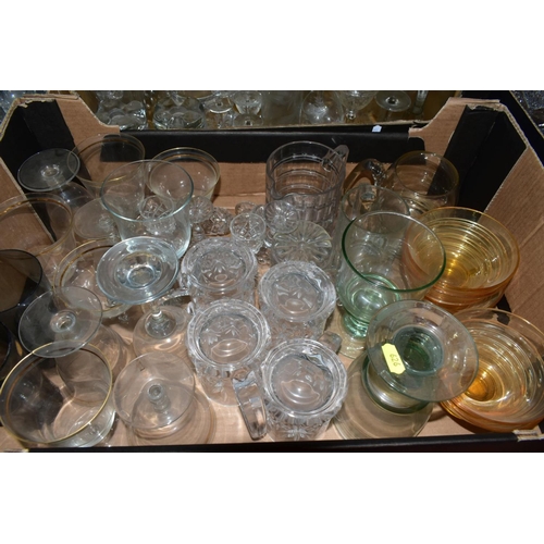 626 - EIGHT BOXES OF ASSORTED GLASSWARE to include recycled glass rummers, dessert dishes, wine glasses, w... 