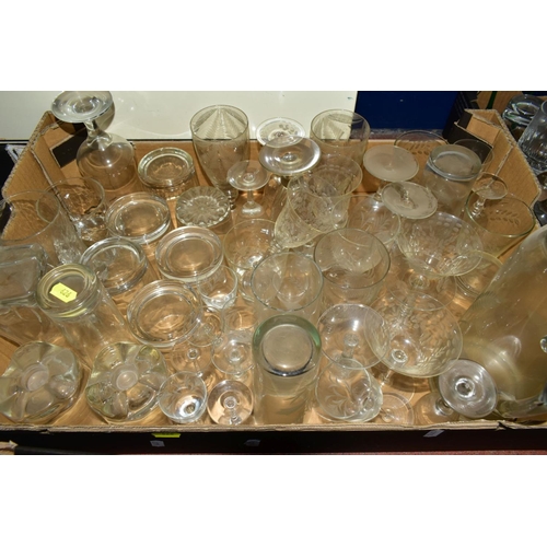 626 - EIGHT BOXES OF ASSORTED GLASSWARE to include recycled glass rummers, dessert dishes, wine glasses, w... 