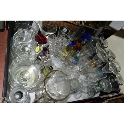 626 - EIGHT BOXES OF ASSORTED GLASSWARE to include recycled glass rummers, dessert dishes, wine glasses, w... 