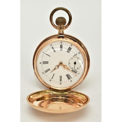 63 - A SWISS 14CT GOLD FULL HUNTER POCKET WATCH, white dial, Roman numerals, seconds subsidiary dial at t... 