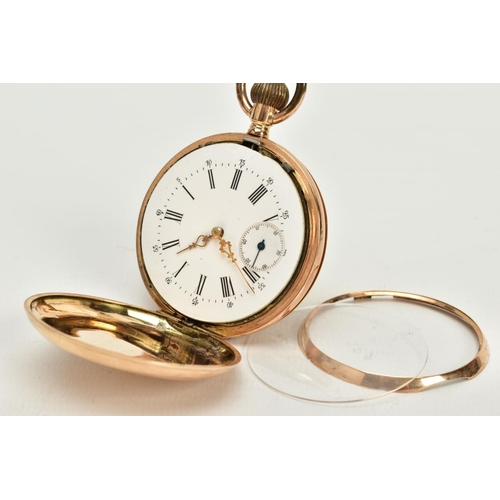 63 - A SWISS 14CT GOLD FULL HUNTER POCKET WATCH, white dial, Roman numerals, seconds subsidiary dial at t... 