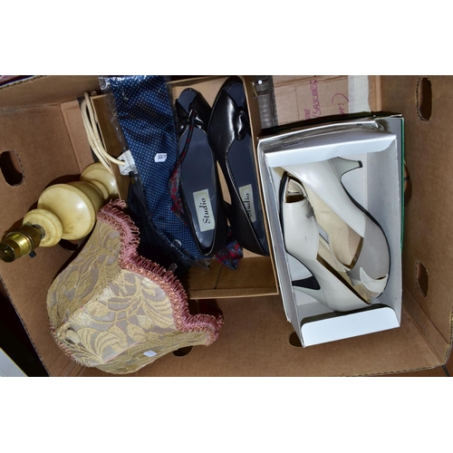 633 - A BOX AND LOOSE TABLE LAMPS, BOXED LADIES SHOES, A CARD HAT BOX ETC, including Kangol berets, synthe... 