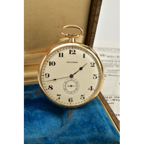 64 - AN OPEN-FACED WALTHAM OPERA POCKET WATCH, cream dial, Arabic numerals, seconds subsidiary above the ... 