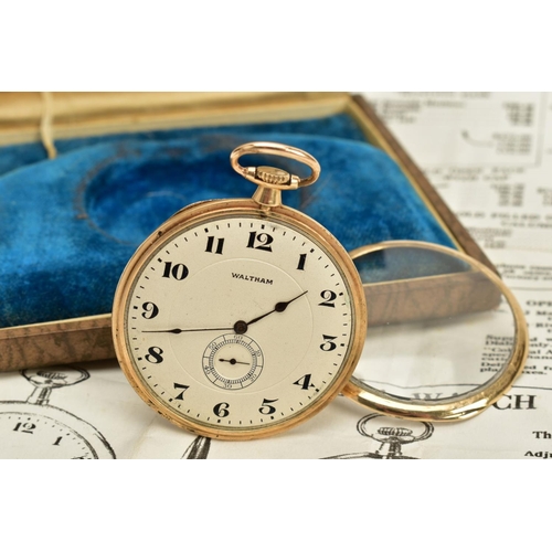 64 - AN OPEN-FACED WALTHAM OPERA POCKET WATCH, cream dial, Arabic numerals, seconds subsidiary above the ... 