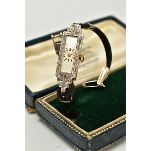 65 - A LADIES ART DECO DIAMOND DETAILED BEUECHE GIROD WRISTWATCH, the watch of rectangular form, cream di... 