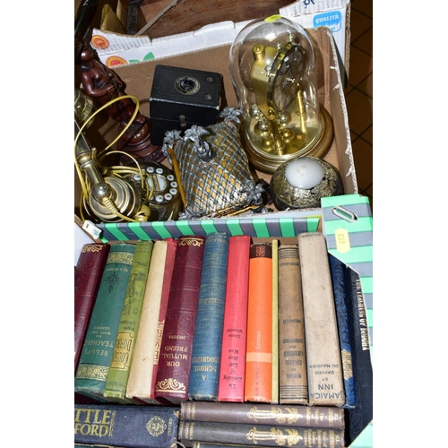 653 - FIVE BOXES AND LOOSE BOOKS, METALWARES, TREEN, etc, including a brown leather effect suitcase, a bro... 