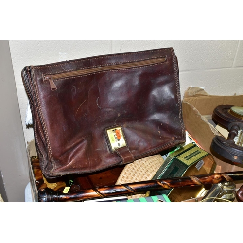 653 - FIVE BOXES AND LOOSE BOOKS, METALWARES, TREEN, etc, including a brown leather effect suitcase, a bro... 