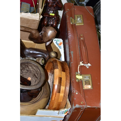 653 - FIVE BOXES AND LOOSE BOOKS, METALWARES, TREEN, etc, including a brown leather effect suitcase, a bro... 