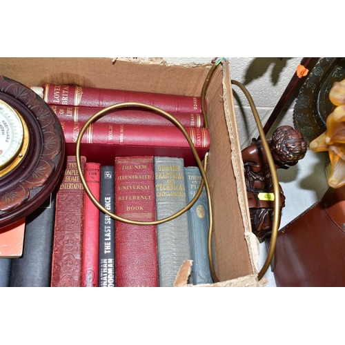 653 - FIVE BOXES AND LOOSE BOOKS, METALWARES, TREEN, etc, including a brown leather effect suitcase, a bro... 