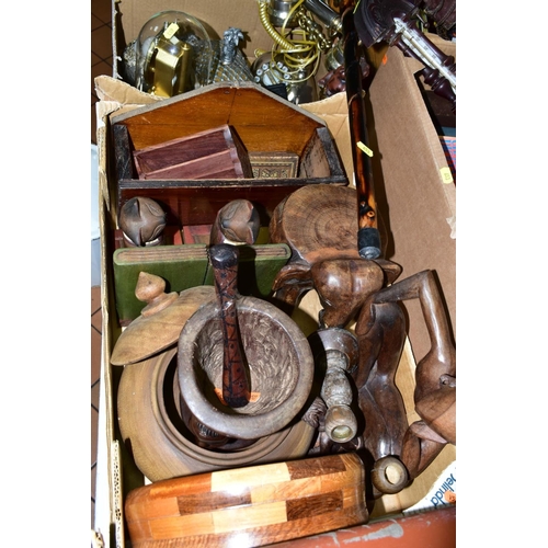 653 - FIVE BOXES AND LOOSE BOOKS, METALWARES, TREEN, etc, including a brown leather effect suitcase, a bro... 