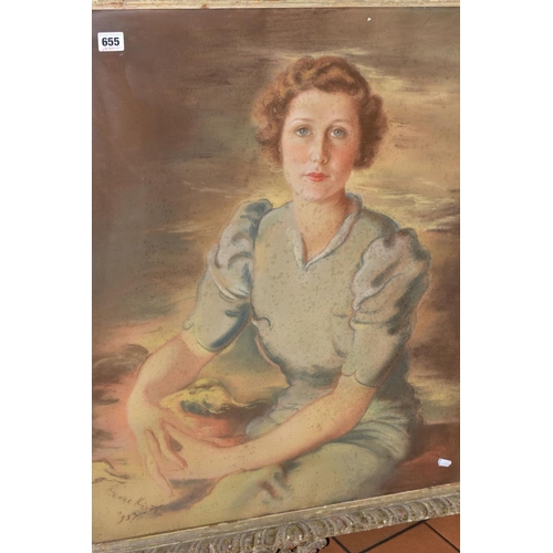 655 - A SEATED THREE QUARTER LENGTH PORTRAIT OF A FEMALE FIGURE, signed and dated George Kirton? 1937, pas... 