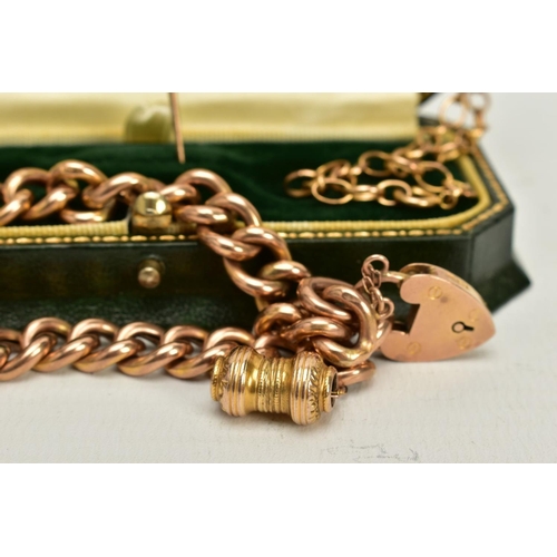 66 - A 9CT GOLD CHARM BRACELET, A 9CT GOLD FINE BELCHER CHAIN AND A STICKPIN, an early 20th century charm... 